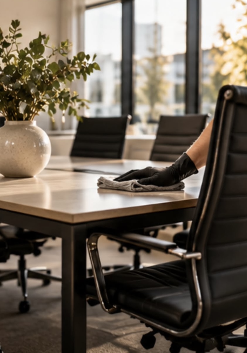 Konferensbord torkas av på kontor